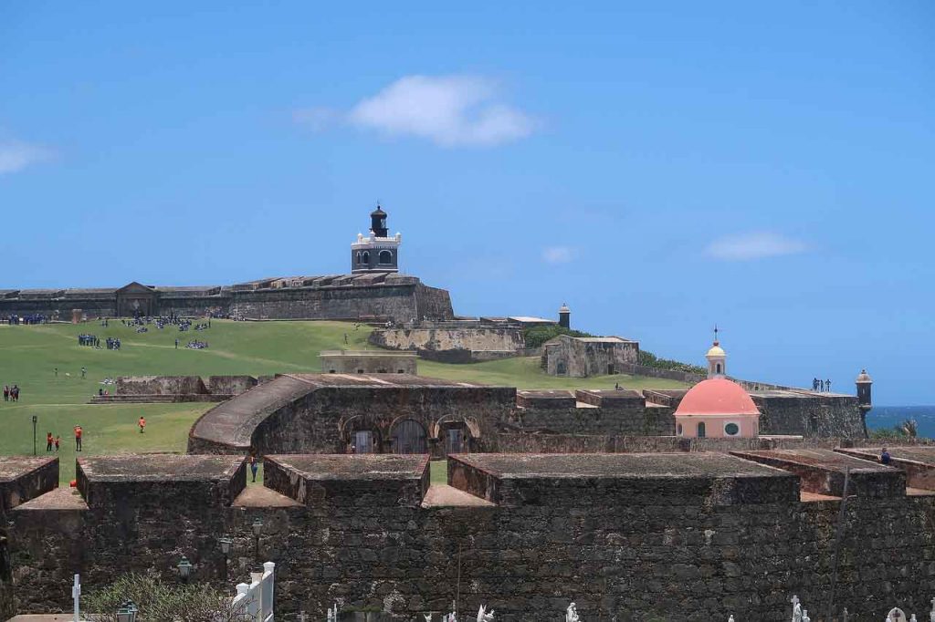 San Juan Puerto Rico, red dome and historic fort overlooking water