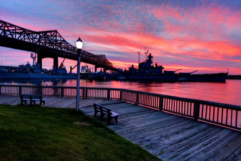 Battleship Cove in Fall River, Massachusetts at sunset