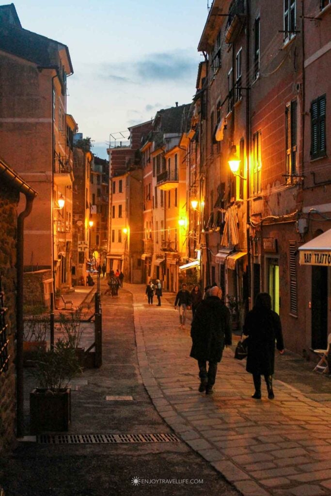 Evening street with warm lights in Vernazza Cinque Terre