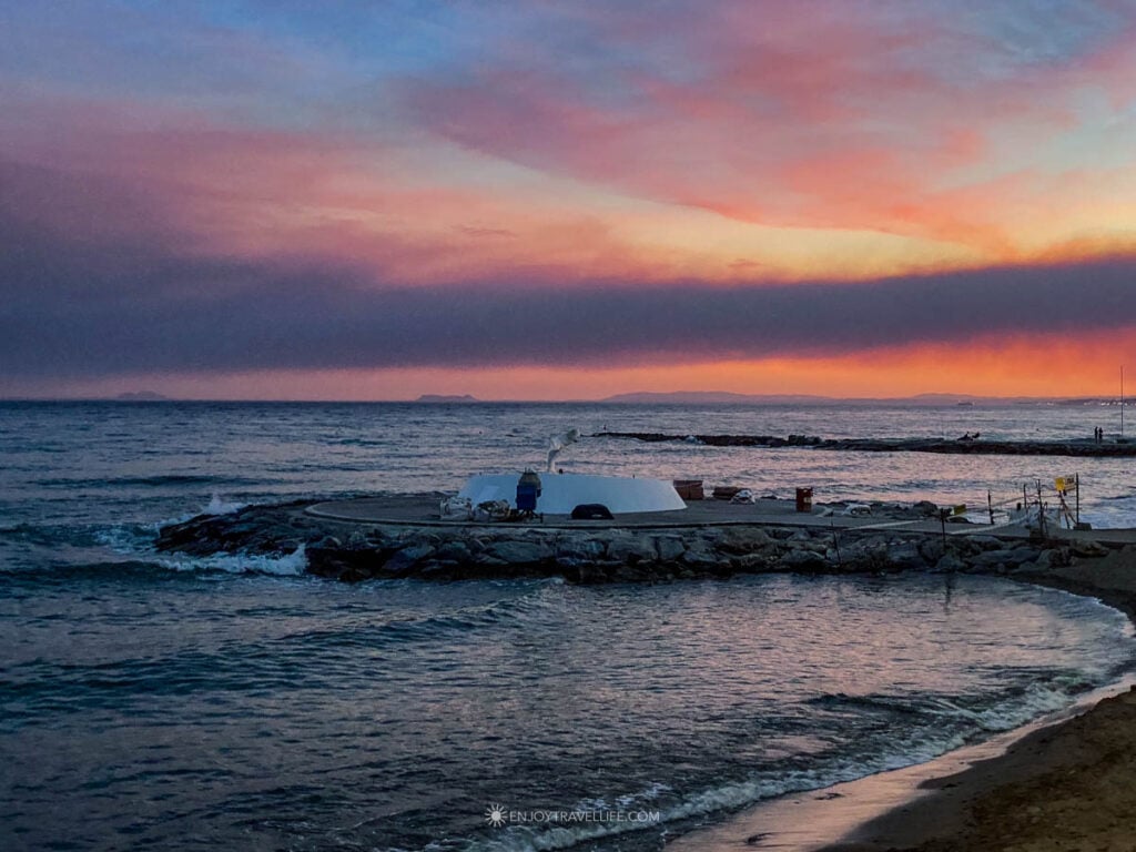 Sunset over the beach on the Marbella Costa del Sol near Spain's southern coast.