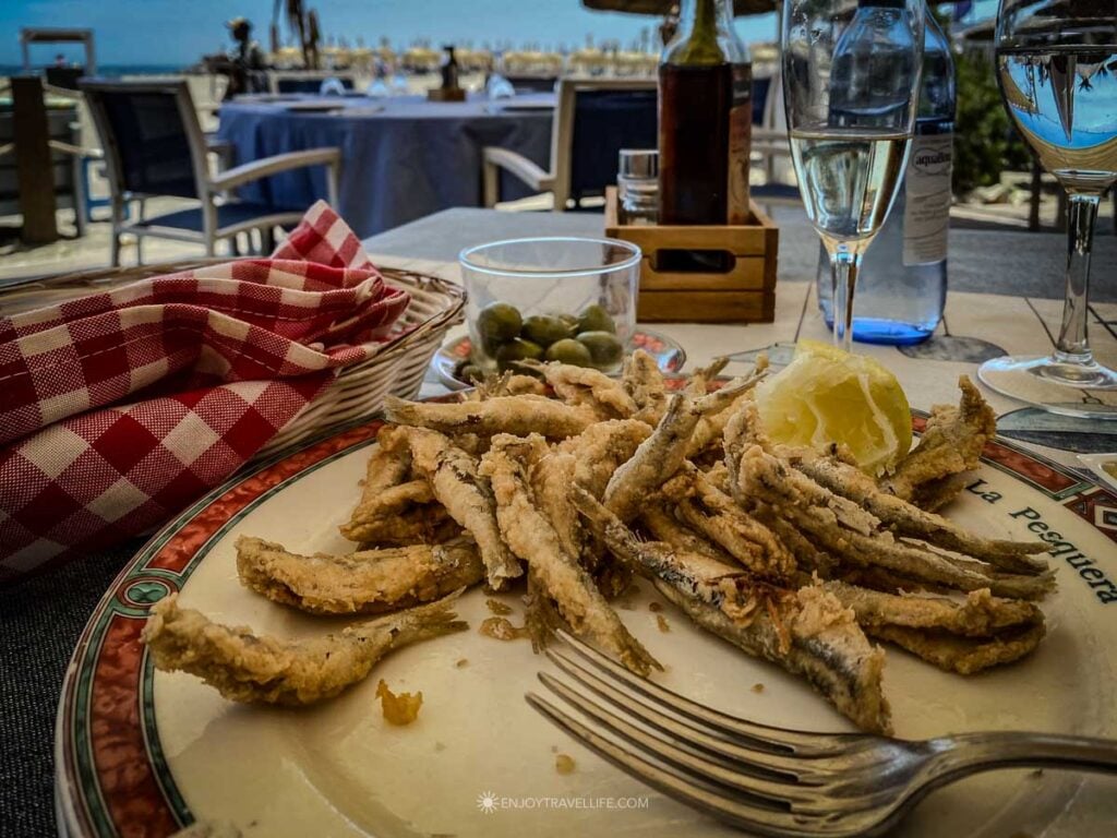 Fried boquerones at a beachfront chiringuito on the Costa del Sol Marbella Spain
