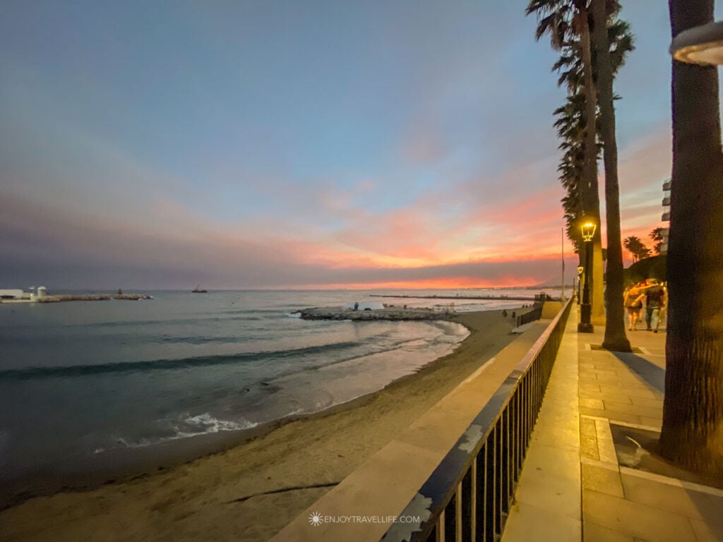 Marbella promenade at sunset