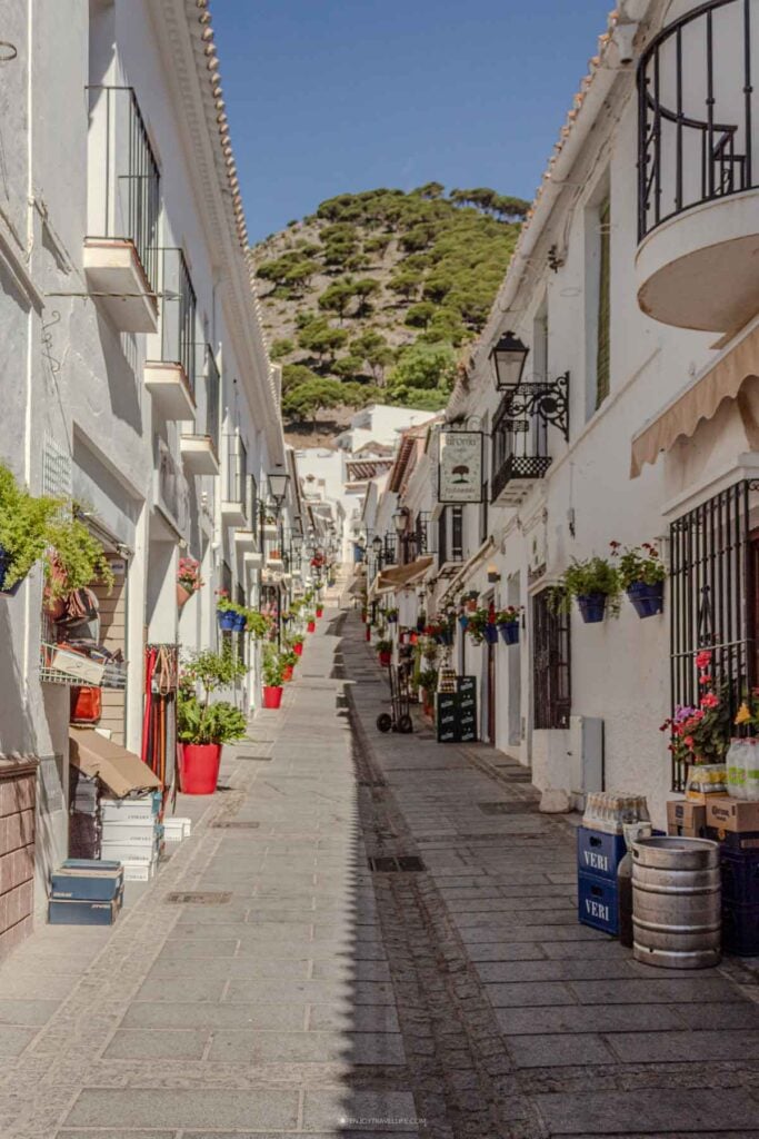 Whitewashed street in Mijas Spain with blue and red flower pots and hillside backdrop