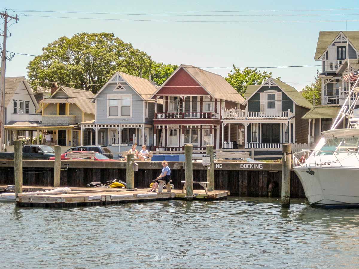 Victorian cottages and boats along the Oak Bluffs harbor waterfront on Martha's Vineyard