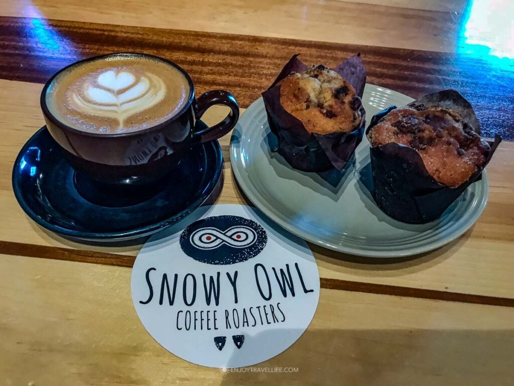 Latte in a Snowy Owl Coffee Roasters branded cup in Brewster MA on Cape Cod.