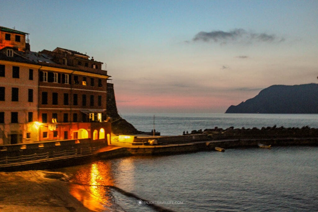 Twilight harbor with pink sky in Vernazza Cinque Terre