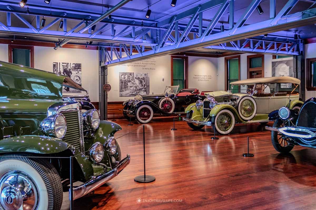 Vintage automobiles fill a themed exhibit at the Audrain Automobile Museum in Newport.