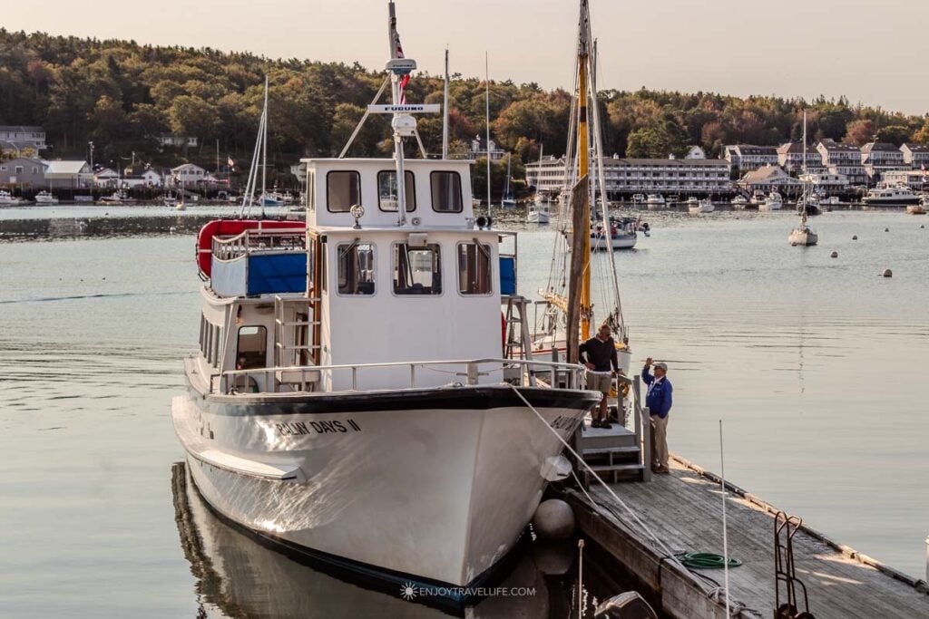 The Balmy Days II ferry sits at the dock in Boothbay Harbor before the morning crossing to Monhegan Island.