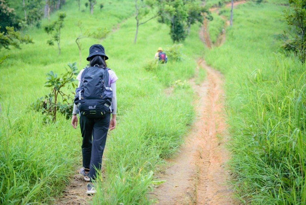 A backpacker takes in the open countryside while walking the Camino de Santiago.