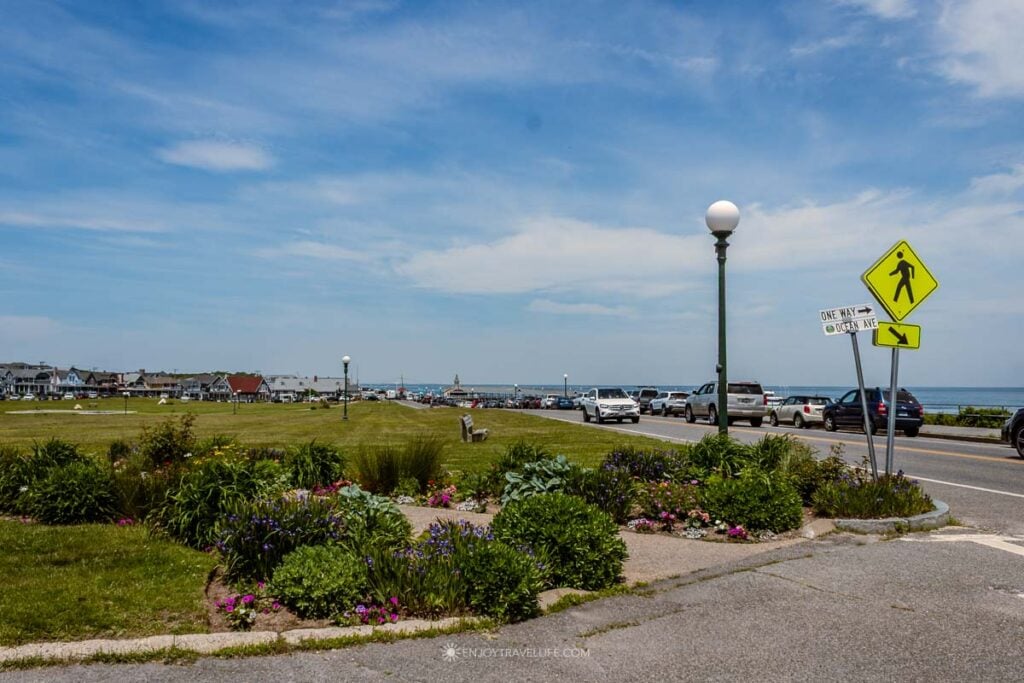 Street parking and the crosswalk along Seaview Avenue in Oak Bluffs, Martha's Vineyard.