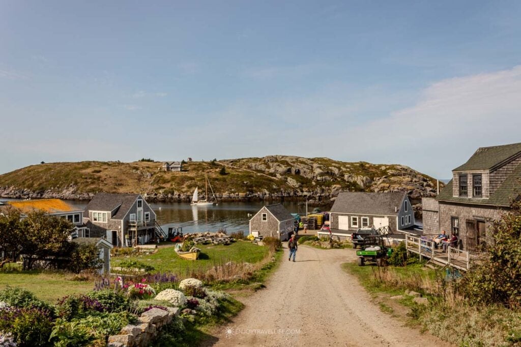 A dirt road climbs from the harbor landing into the village on Monhegan Island, past gardens and weathered houses.