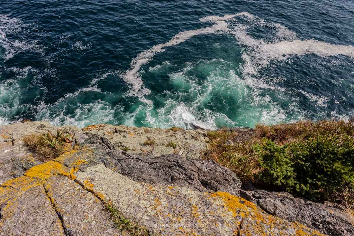Turquoise water churns white with foam over gold-lichen granite ledges on the far shore of Monhegan Island.