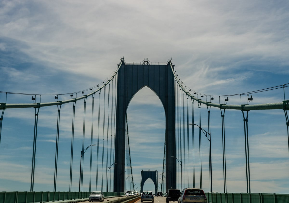 The Claiborne Pell Newport Bridge spans Narragansett Bay toward Jamestown.