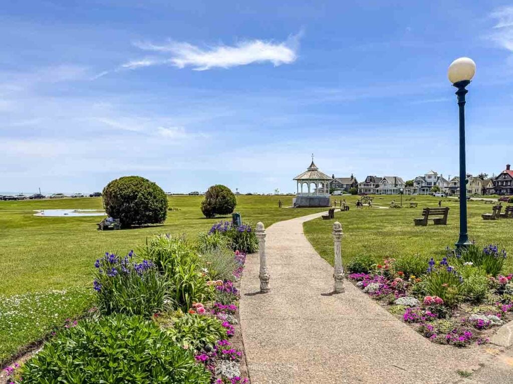 A flower-lined path leading to the gazebo at Ocean Park in Oak Bluffs, Martha's Vineyard