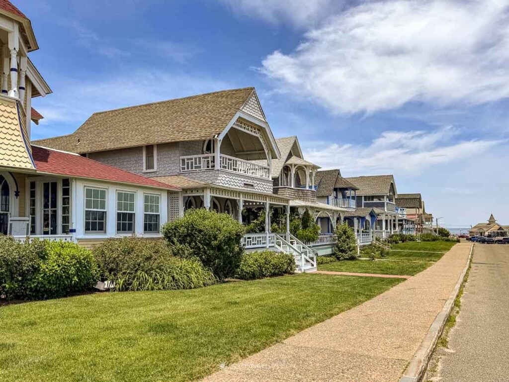 A row of colorful Victorian homes along Ocean Park in Oak Bluffs, Martha's Vineyard.