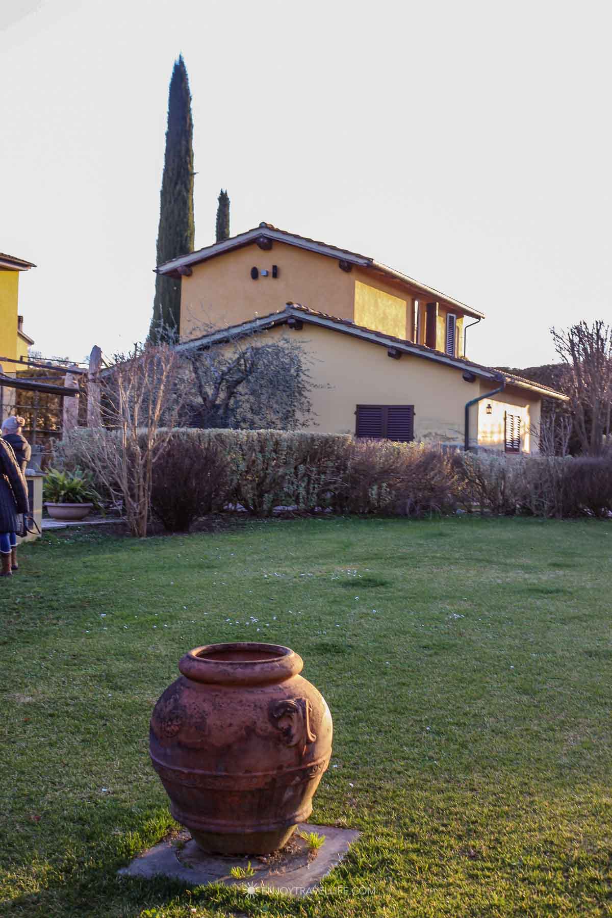 Large terracotta urn on the lawn at Tenuta Torciano winery with a Tuscan farmhouse and cypress tree in golden hour light
