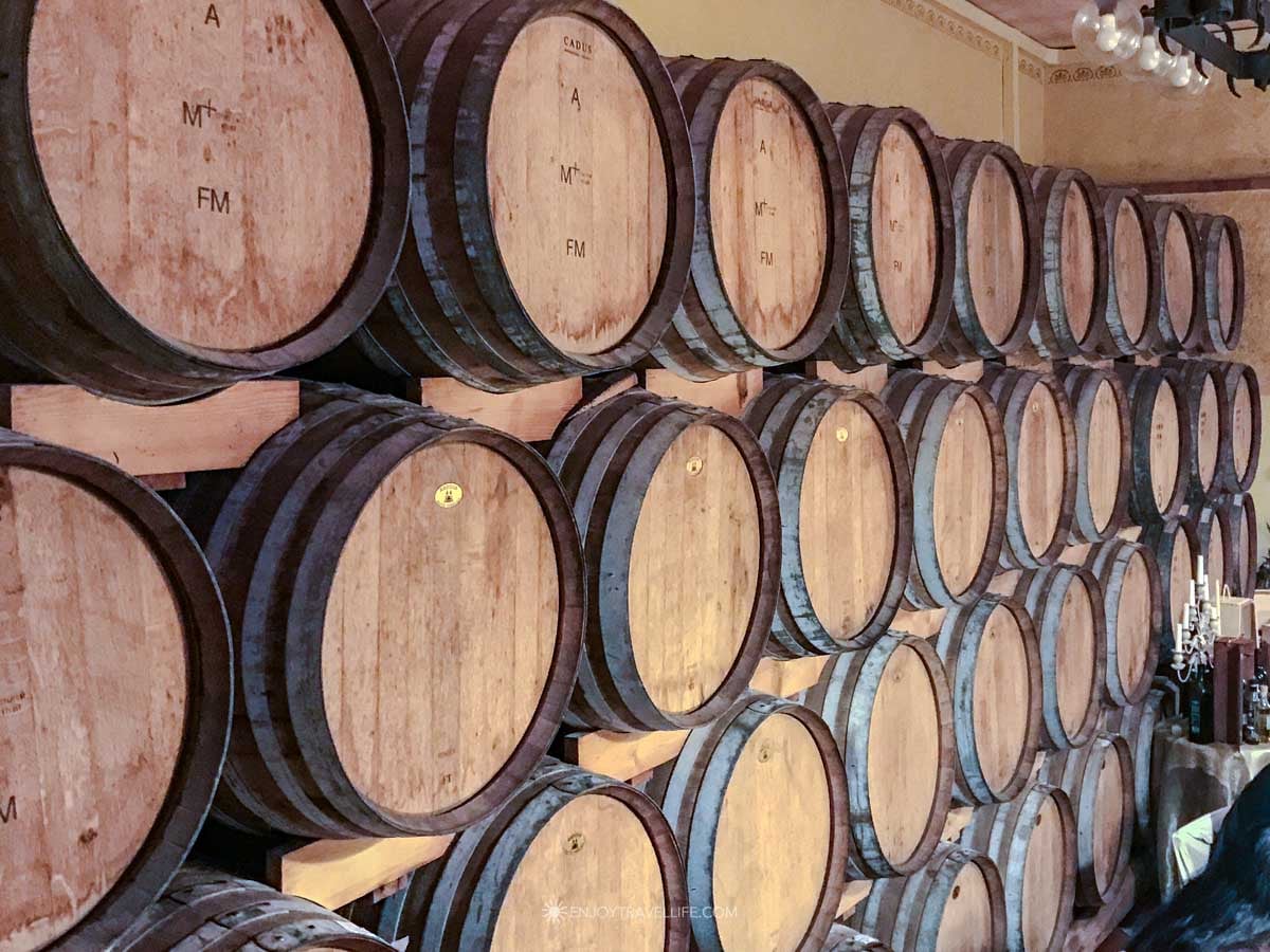 The aging cellar at Tenuta Torciano is lined with oak barrels from floor to ceiling