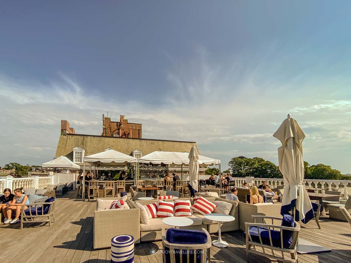 The rooftop deck at Top of Newport looks out over the bay from the Hotel Viking.