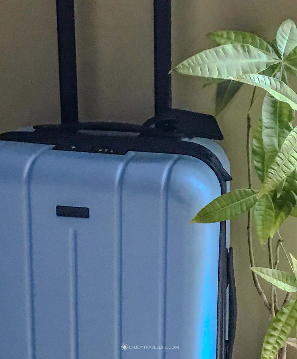 A light blue hard-shell carry-on suitcase stands beside a leafy plant in a hotel room.