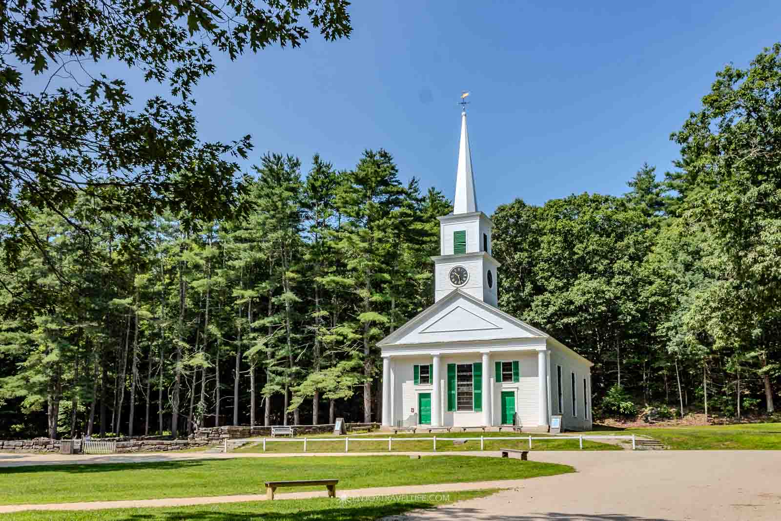 The white Center Meetinghouse anchors the common at Old Sturbridge Village.