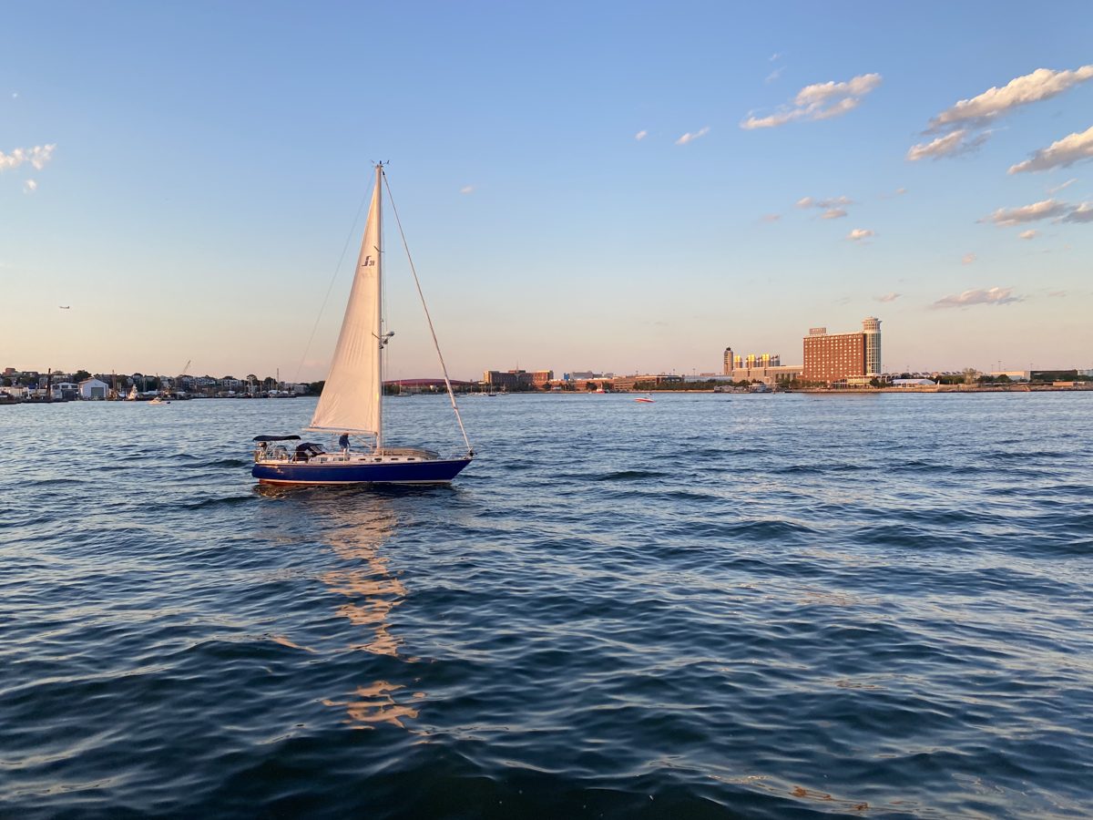 A sailboat glides across a calm harbor at golden hour with a city skyline behind it.