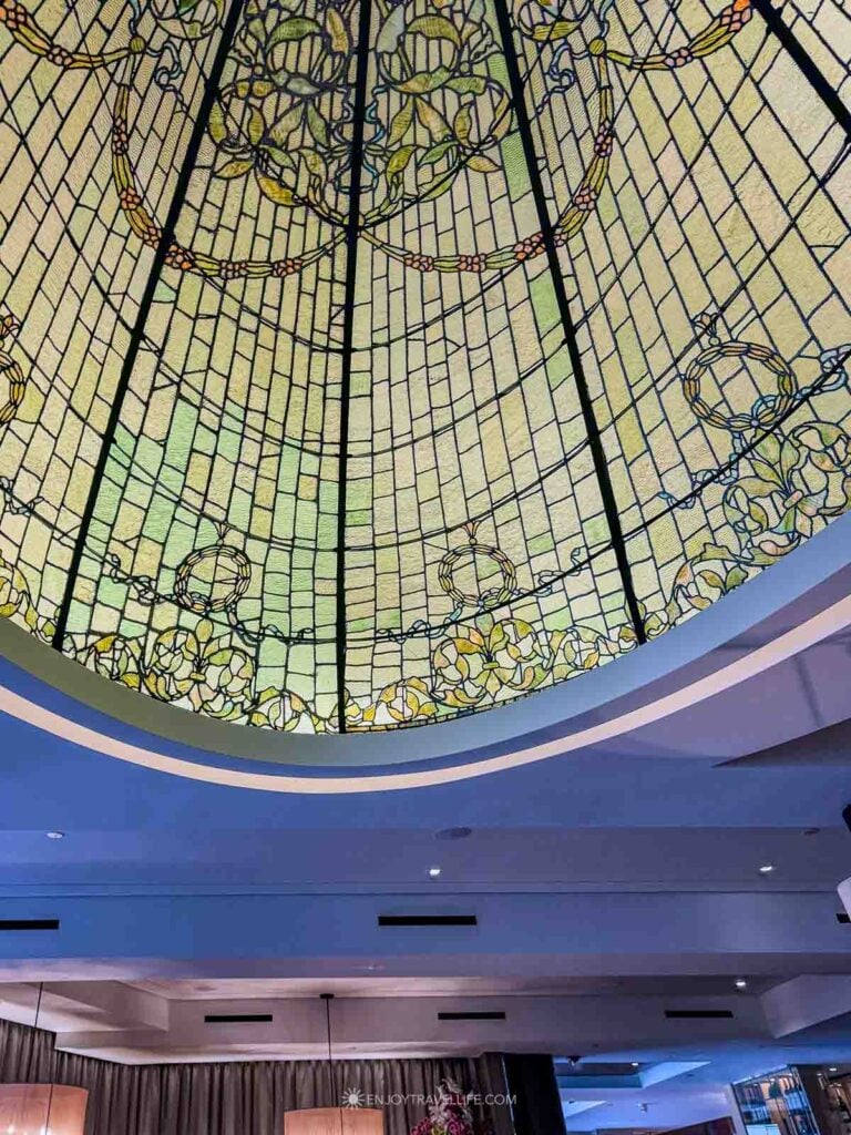 Antique stained-glass dome above the Sonoma restaurant at the Beechwood Hotel in Worcester.