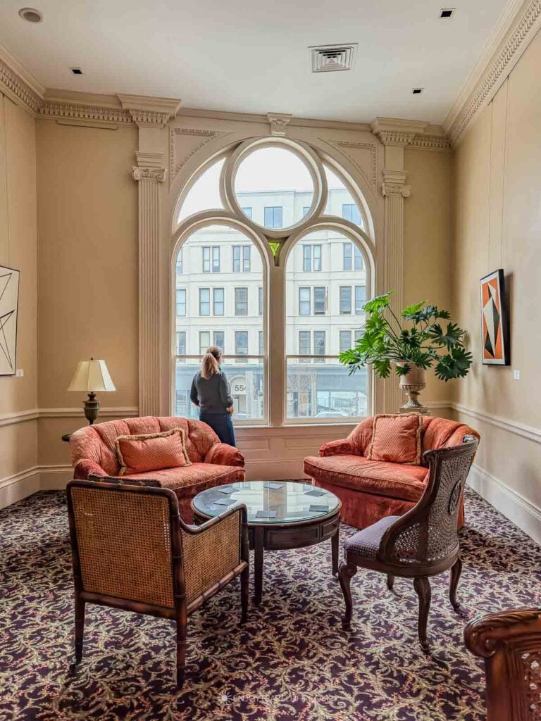 Gothic window overlooking Franklin Square in the Hanover Theatre’s original salon.