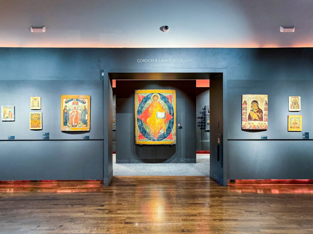 Gilded Russian icons in a gallery at the Icon Museum and Study Center in Clinton, Massachusetts.