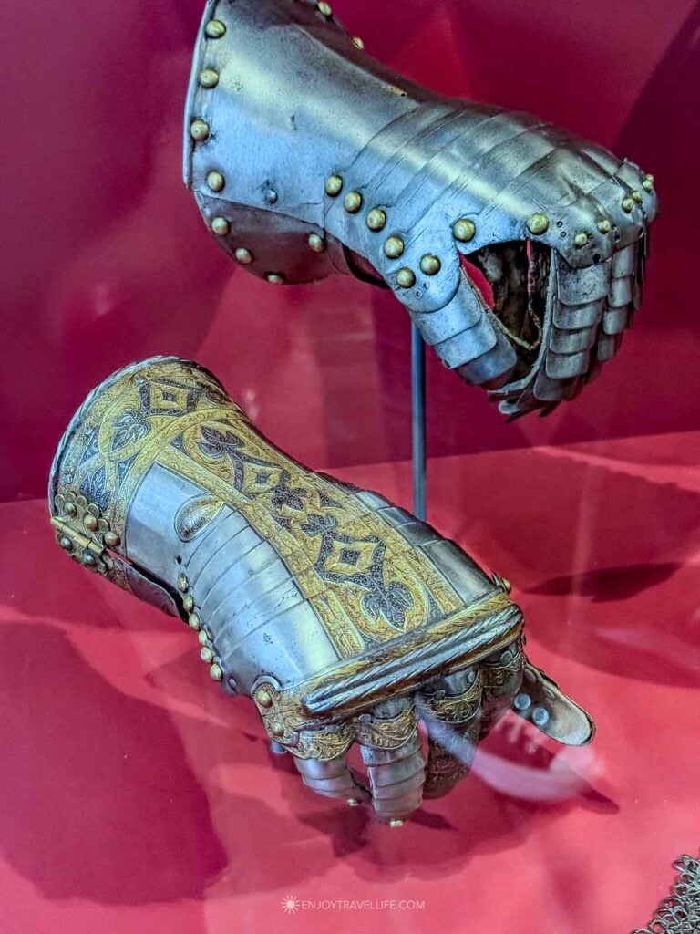Engraved steel gauntlets from the Higgins Armory collection at the Worcester Art Museum.