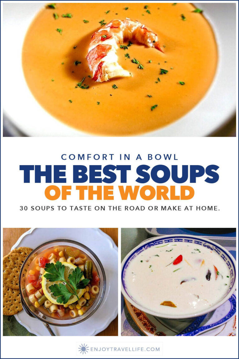 Collage: lobster bisque, minestrone and tom kha soup.