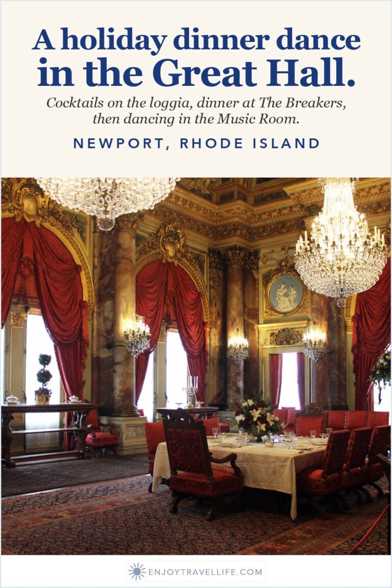 The dining room at The Breakers in Newport, Rhode Island dressed for the holidays.
