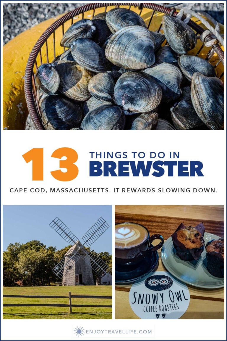 Three scenes from Brewster, Cape Cod: a basket of clams, the Higgins Farm windmill, and coffee at Snowy Owl.