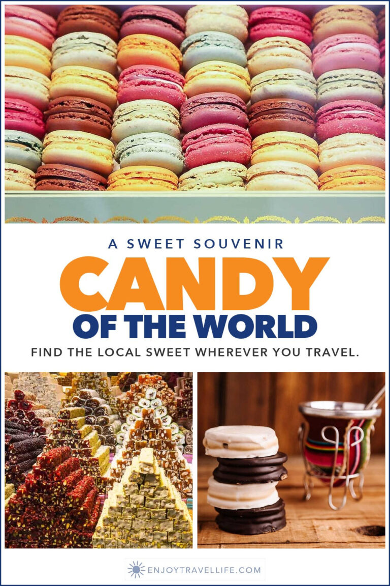 Collage of colorful macarons, Turkish delight and alfajores.
