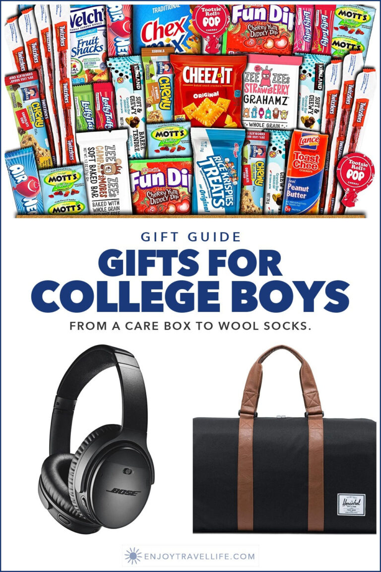 Collage: a college care box, Bose headphones and a Herschel duffel bag.