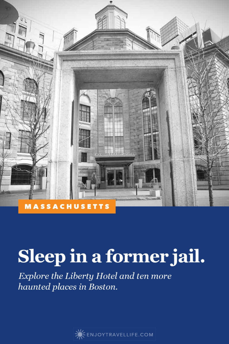 The granite entrance of the Liberty Hotel, the former Charles Street Jail, in Boston.