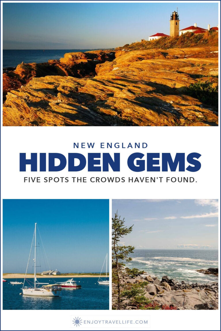 Collage: Beavertail Light in Jamestown, sailboats at Hyannis Port and the Monhegan cliffs.
