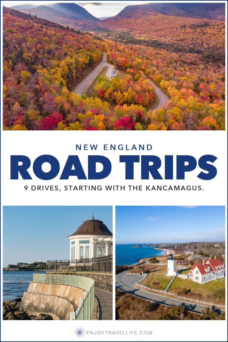 Collage: the Kancamagus Highway in fall, the Newport Cliff Walk and a Cape Cod lighthouse.
