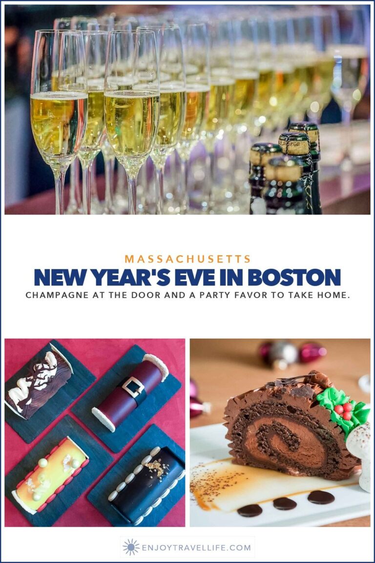 Rows of filled champagne flutes and a slice of bûche de Noël at the Mandarin Oriental, Boston.