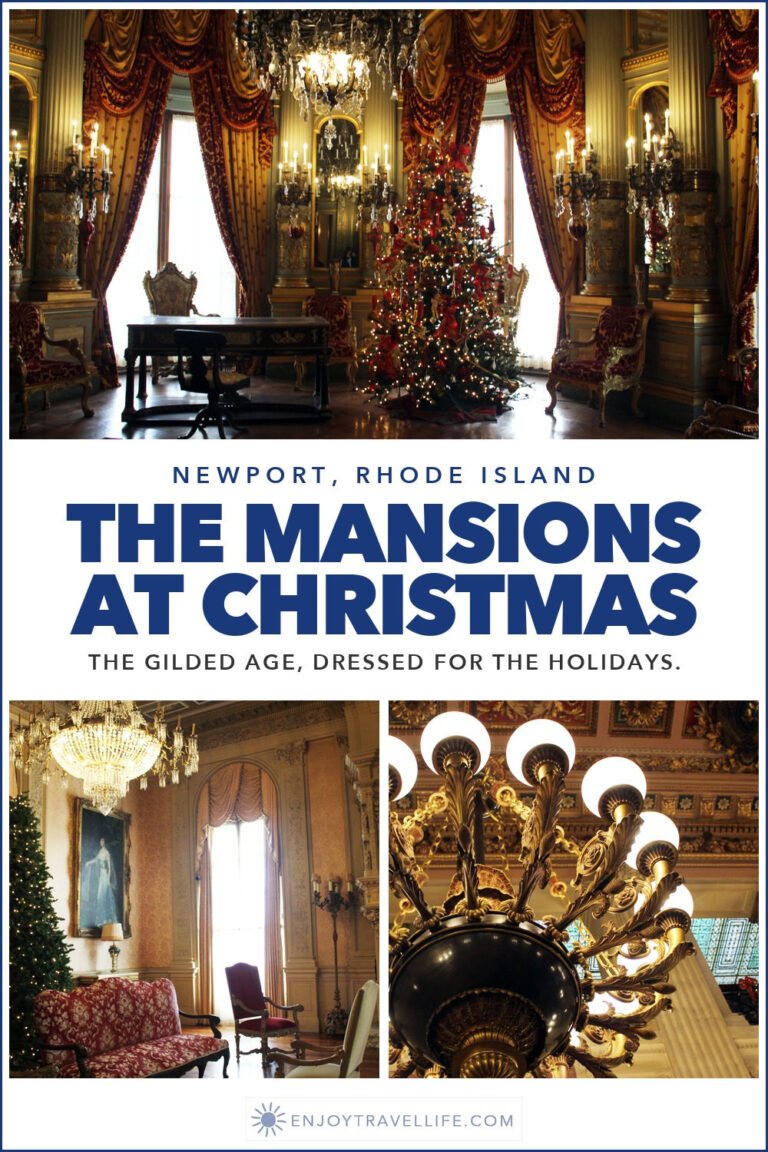 Collage: the music room Christmas tree at The Breakers, the Rosecliff tree, and a chandelier.