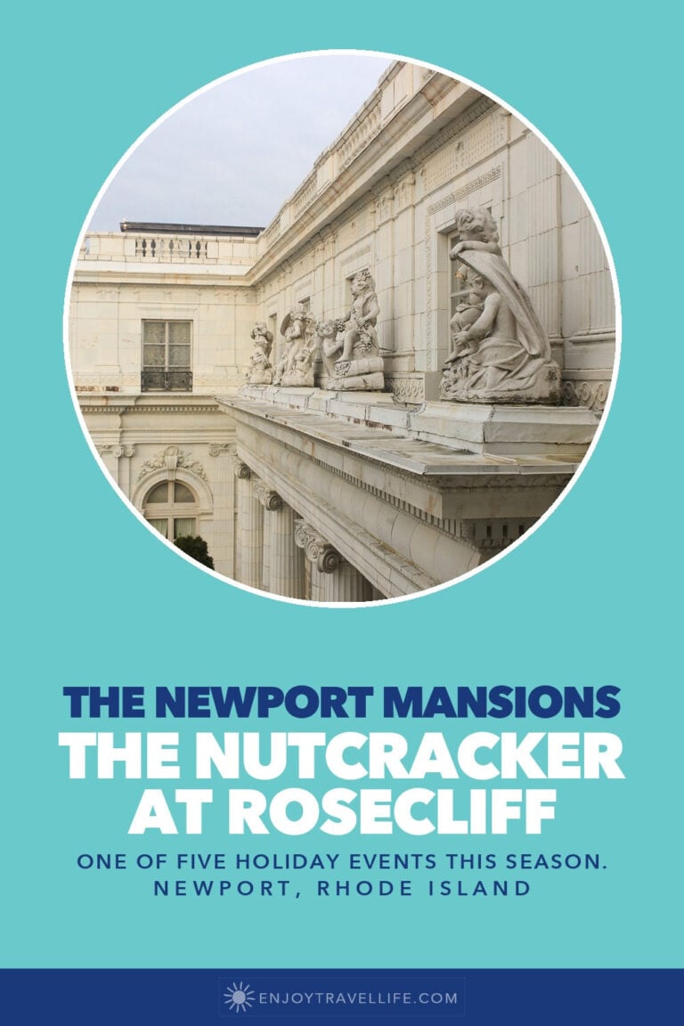 The carved stone facade of Rosecliff mansion in Newport, Rhode Island.
