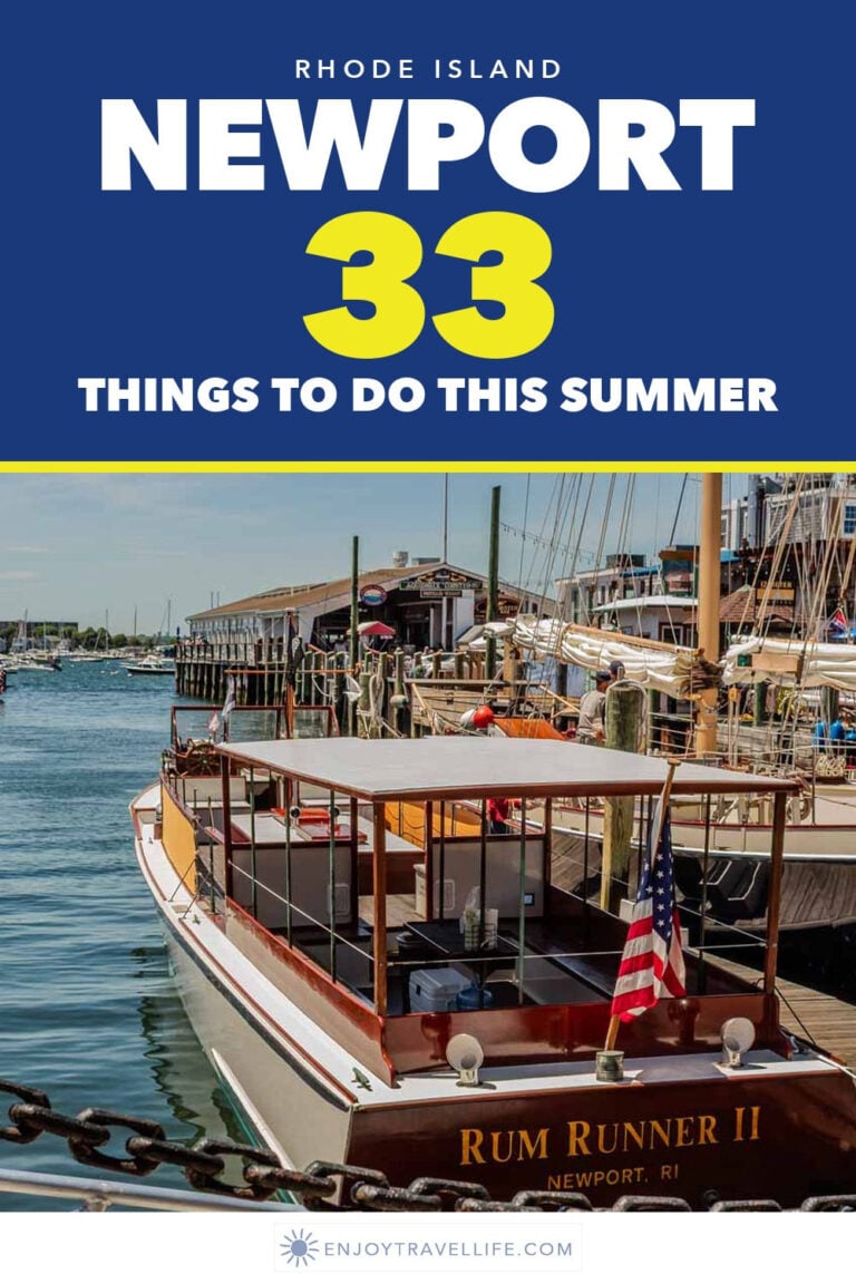 A wooden motor launch tied up at the docks in Newport Harbor, Rhode Island, in summer.