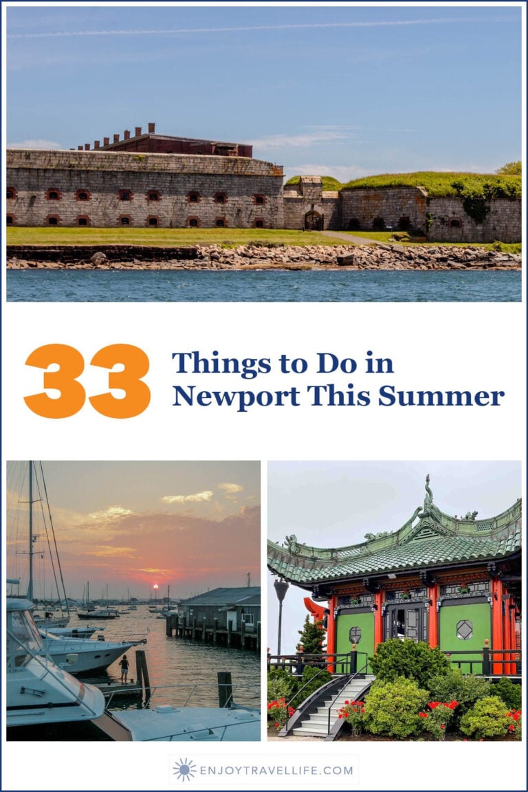 Three summer scenes in Newport, Rhode Island: Fort Adams, a harbor sunset, and the Chinese Tea House.