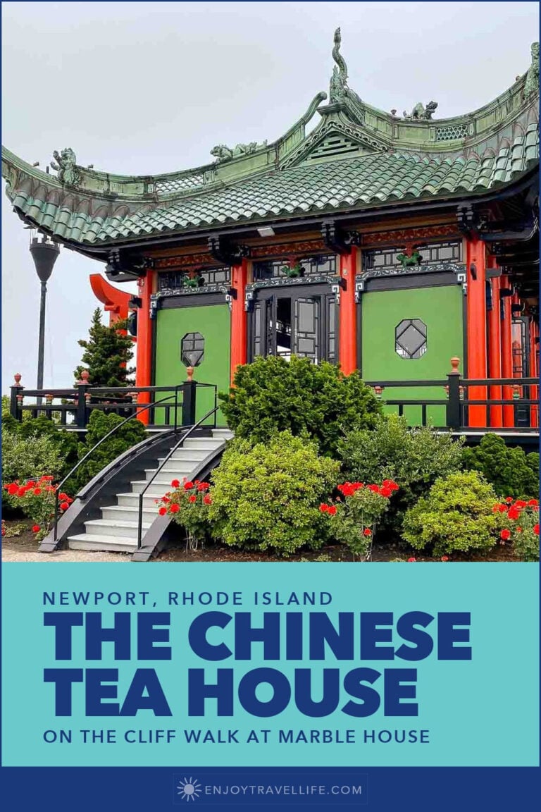 The red and green Chinese Tea House at Marble House on the Cliff Walk in Newport, Rhode Island.