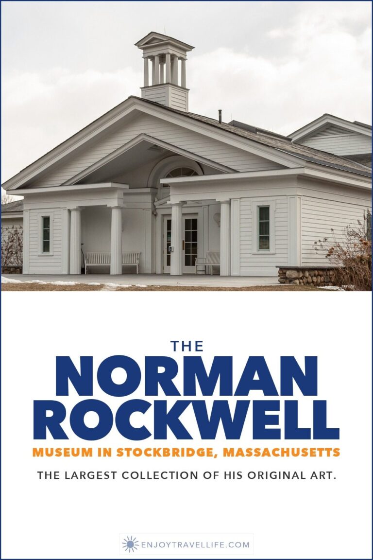 The white columned entrance of the Norman Rockwell Museum in Stockbridge, Massachusetts on a gray winter day.