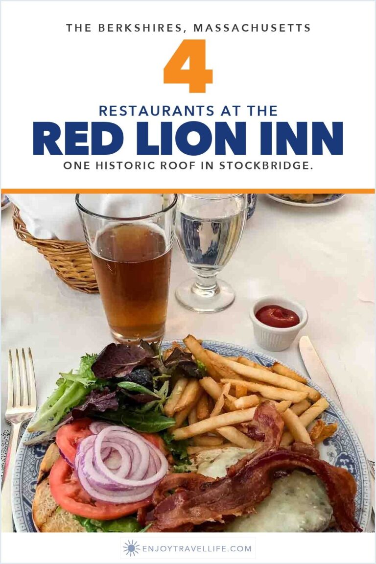 A grass-fed beef burger with bacon and fries on blue-and-white china at the Red Lion Inn in Stockbridge, Massachusetts.