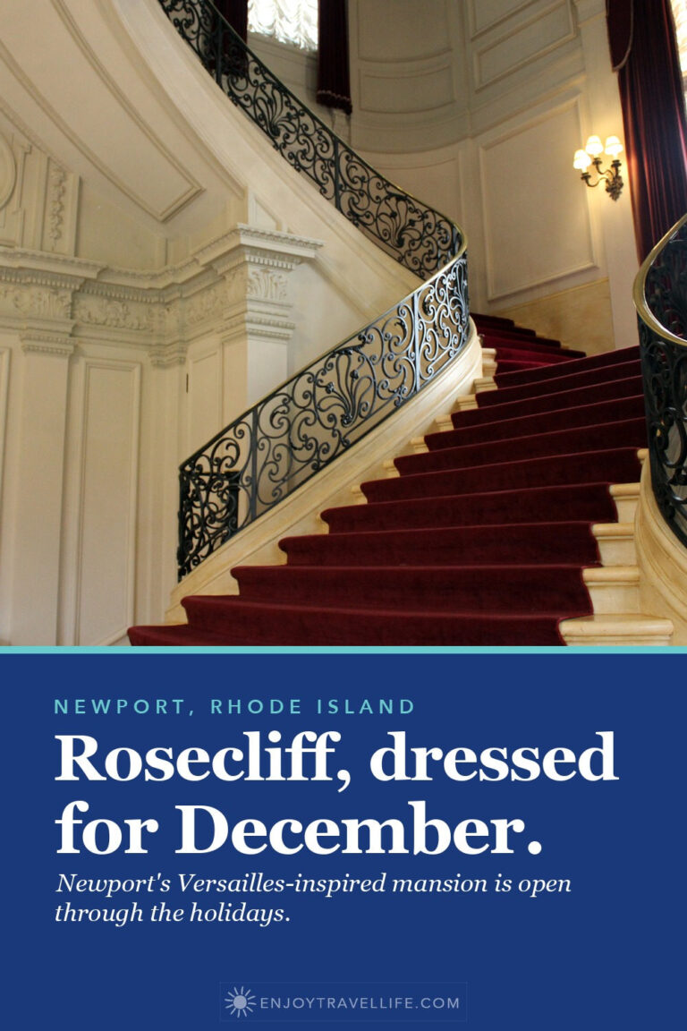 The red-carpeted heart-shaped staircase at Rosecliff mansion in Newport, Rhode Island.
