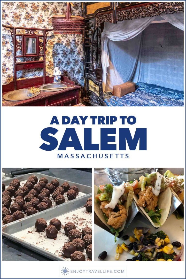 Collage: the Peabody Essex Museum's Chinese house, chocolate truffles at Kakawa, and tacos at Finz in Salem.