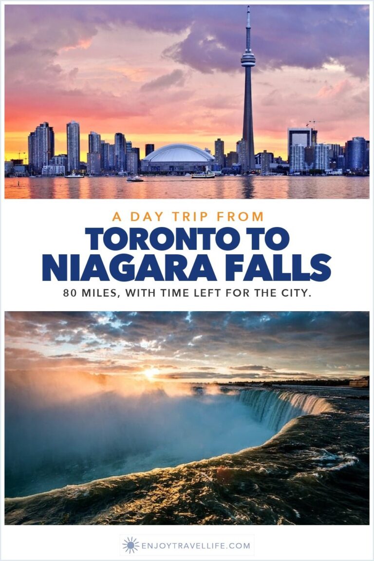 The Toronto skyline at sunset above Horseshoe Falls at Niagara in golden light.