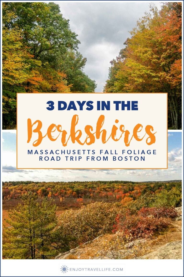 A road through fall foliage above a valley of autumn color in the Berkshires, Massachusetts.