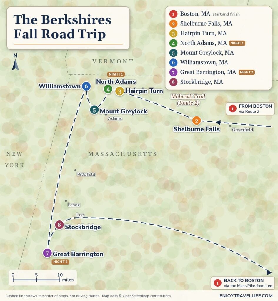 Illustrated map of a Berkshires fall road trip loop from Boston, with numbered stops at Shelburne Falls, the Hairpin Turn, North Adams, Mount Greylock, Williamstown, Great Barrington and Stockbridge.